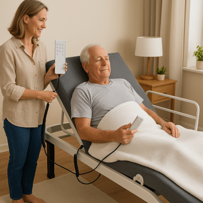 controle remoto de cama motorizada sendo operado por mão